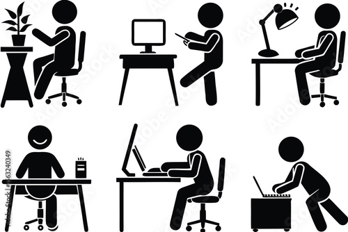 Black and white stick figures working at desks with computers and plants office