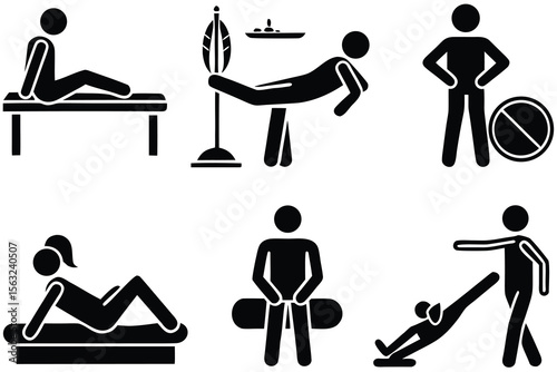 Figures performing physical therapy exercises on equipment rehabilitation fitness