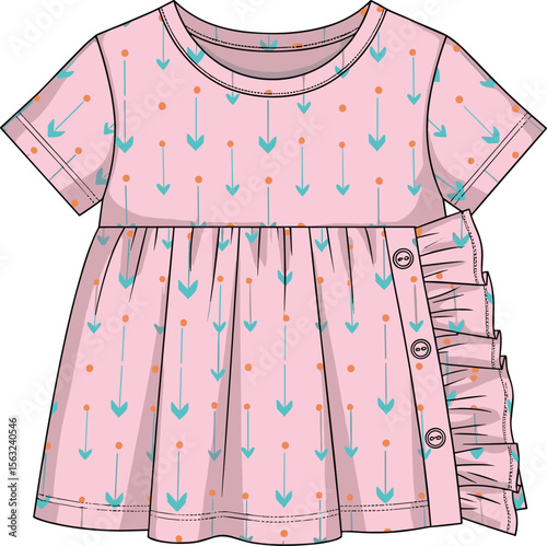 Vector flat sketch of girls short sleeve dress, arrow pattern print, side ruffle and button detail, cute toddler summer outfit, children fashion illustration design.