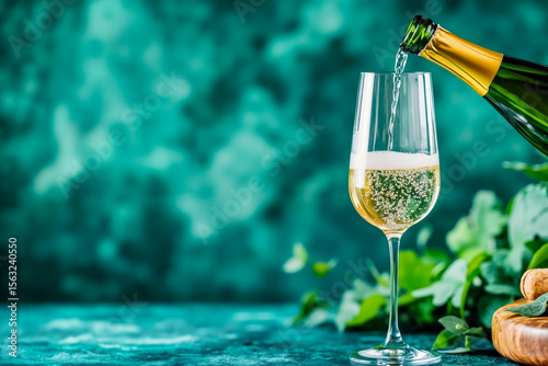 A bottle of champagne being poured into a glass of wine
