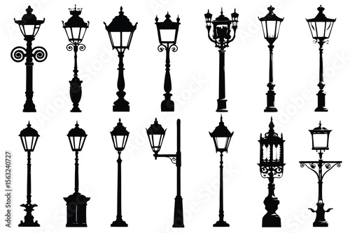 Ornate vintage street lamp collection silhouettes street lamps lampposts