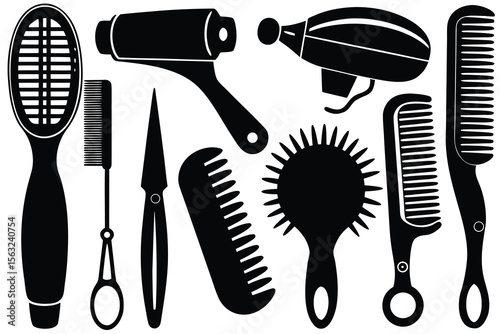 Black silhouette hair styling tools collection hair dryer combs