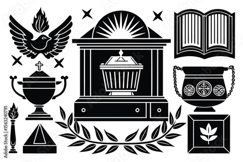 Black vector symbols of religious and symbolic elements dove flame