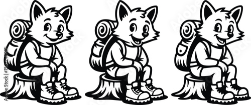 fox cartoon with backpack sitting on a tree stump