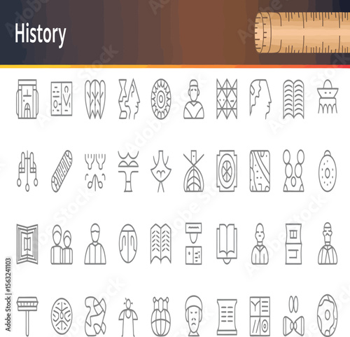 Explore a collection of historical and cultural icons, emblems, and figures presented in a minimalist line art style suitable for educational resources or vintage designs.