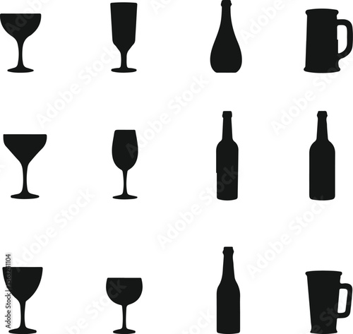 Alcohol drink silhouette icons set. drinkware and bottles on a white background
