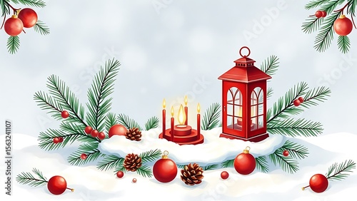 Red Lantern, Candles, and Christmas Ornaments in Snowy Winter Scene