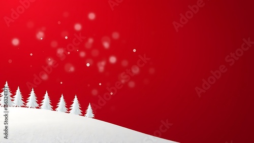 Red Festive Background: Snowy Hill with White Paper Trees and Bokeh