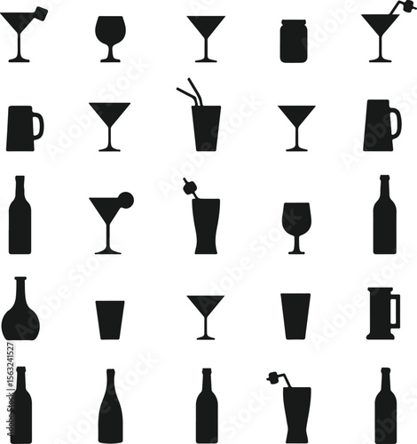 Collection of various alcoholic and non alcoholic drink glass and bottle icons