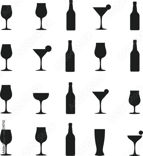 Collection of silhouettes of various alcoholic beverage glasses and bottles