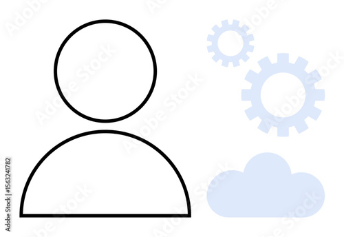 User profile outline surrounded by blue gears and cloud imagery. Ideal for workflow, cloud computing, technology, automation, innovation, user management, and digital transformation. Simple flat