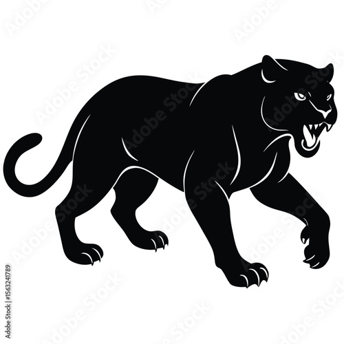 Black panther pouncing with open mouth and sharp claws big cat predator