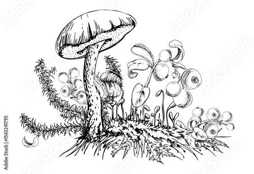 Birch bolete cep leccinum mushroom fungus, scaber stalk with snail, horsetail plant, cranberry lingonberry berries twigs on top of moss cushion with spore stalks. Illustration hand drawn in vector ink