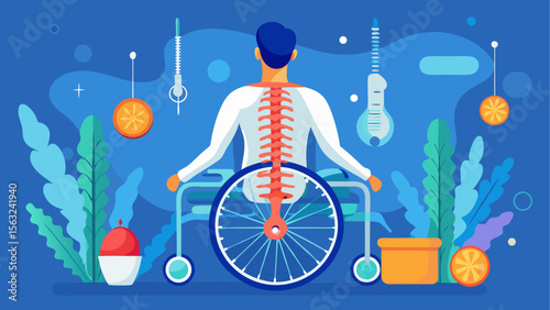 Person in a wheelchair with highlighted spine surrounded by medical elements and plants, symbolizing spinal health and rehabilitation