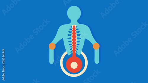 Minimalist medical illustration of a human figure with a highlighted spine and wheelchair symbolizing spinal injury and mobility support