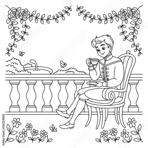 Prince drinking tea on a balcony coloring page illustration