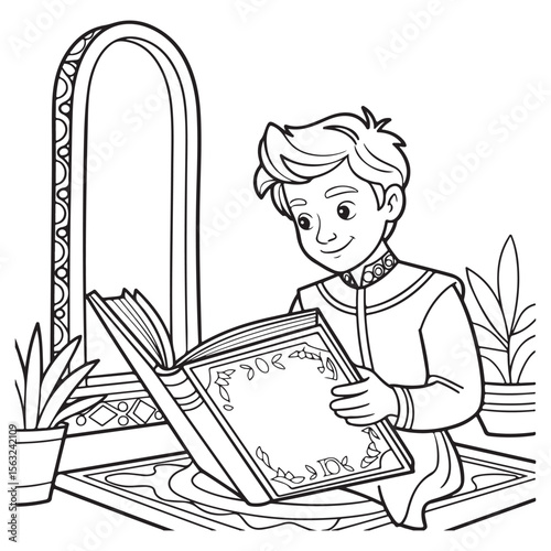 Boy reading a book near a window coloring page outline
