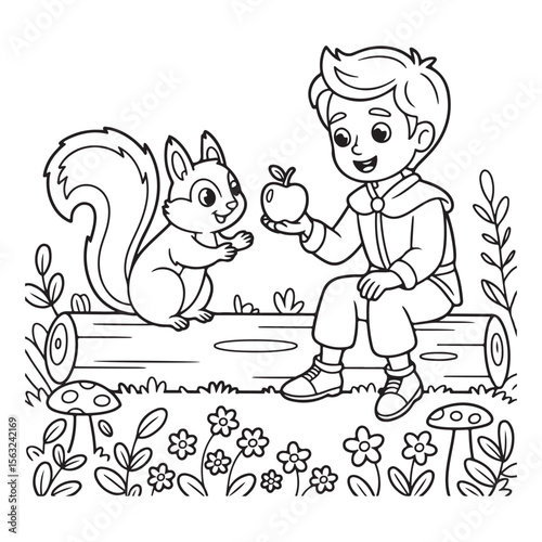 Boy offering apple to squirrel on log coloring page art