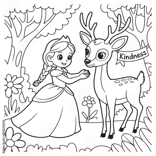 Princess and deer in forest coloring page illustration