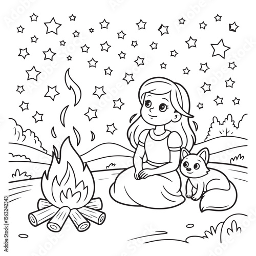 Girl with dog sitting by campfire under starry sky line art
