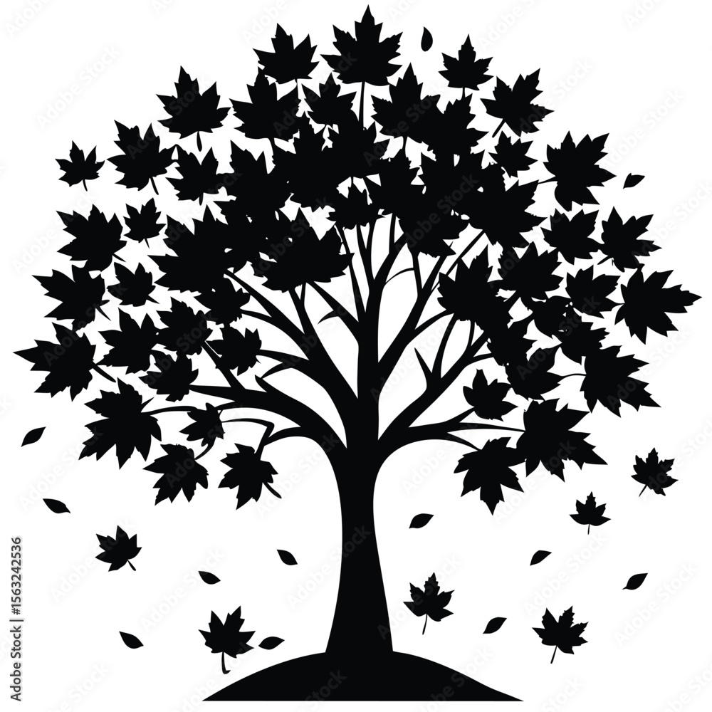 Naklejka premium Black silhouette maple tree falling leaves autumn maple leaves