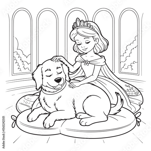 Princess petting her dog in a castle coloring page image