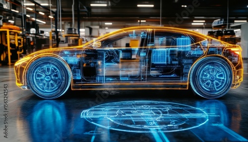 Futuristic Hologram Electric Car in Workshop Showcasing Advanced Automotive Virtual Reality Tech