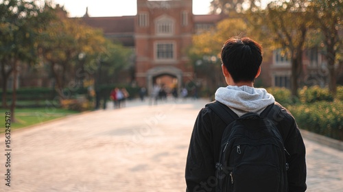 Asian student with a backpack walking through a university campus. Back view of young man. Concept of international education, student diversity, new beginnings, and cultural integration. Copy space