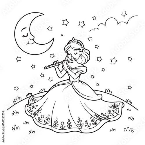 Princess playing flute under moon and stars coloring page