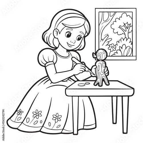 Girl carving wooden figure at table coloring page outline