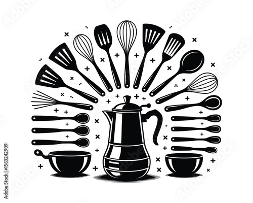 Kitchen Utensils and Cookware Silhouette Set – Minimalist Black and White Grid of Tools, Coffee Items, and Appliances