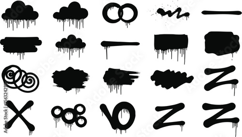 Spray graffiti texture with smudges and drops. Street aerosol clouds vector templates. Spray paint shapes, graffiti mockups, stencil. Street art with splashes and dripping paint. 