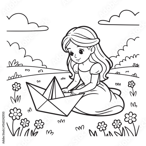 Girl with paper boat in field coloring page illustration