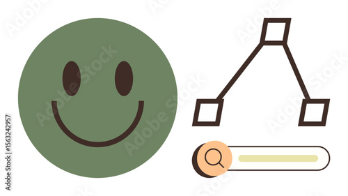 Green smiling face, flowchart with interconnected squares, and a search bar. Ideal for user interaction, teamwork, technology, communication, research motivation creativity. Simple flat metaphor