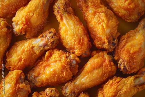 Crispy golden brown fried chicken wings with visible crunchy texture and seasoning. Concept of fast food, flavor, indulgence and culinary satisfaction.
