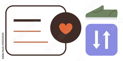 Heart with text icon, sneaker, and arrows suggesting communication, fitness, and data. Ideal for fitness, health, technology connection lifestyle systems wellness. Simple flat metaphor