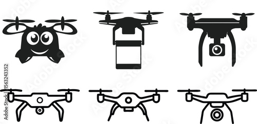 Six different drone silhouettes black and white icons