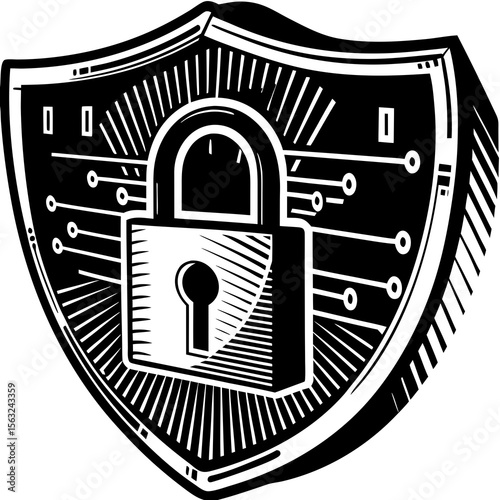 Futuristic Cybersecurity Shield with Lock, Code Stream, and Data Flow in Neon Gradient Vector Style

