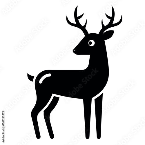 Black and White Silhouette Depicting a Standing Deer with Antlers on a White Background