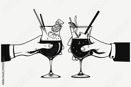 hands with cocktails clinking sketch illustration vector