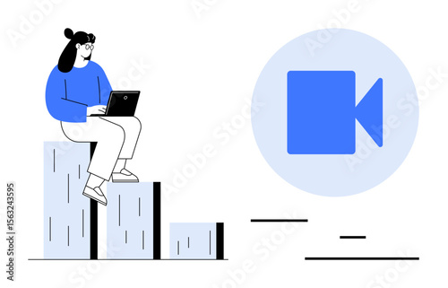 Woman with laptop seated on ascending chart bars beside video icon, symbolizing growth and online interaction. Ideal for teamwork, progress, analytics, remote work, technology, education, simple