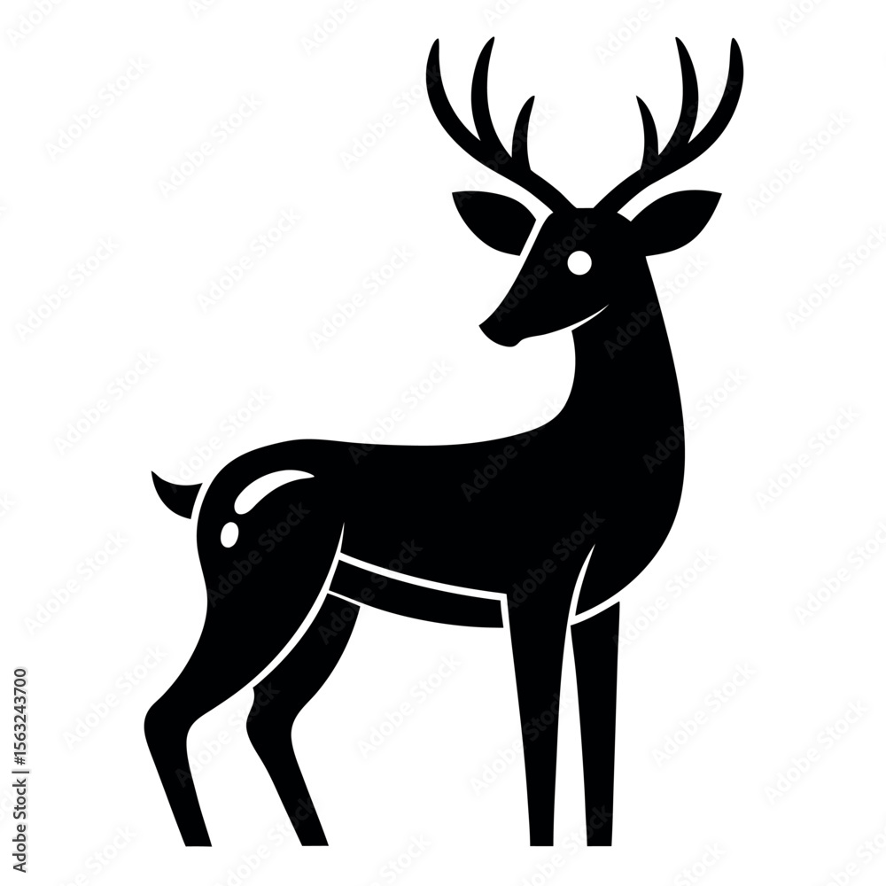 Fototapeta premium Silhouette of Standing Deer with Antlers and White Spots Isolated on White