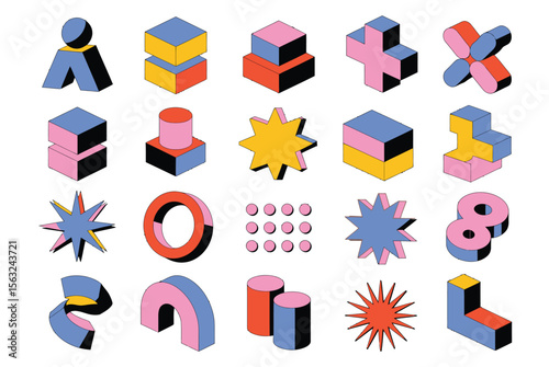 Colorful geometric y2k flat vector illustration with volumetric retro abstract 3d shapes set

