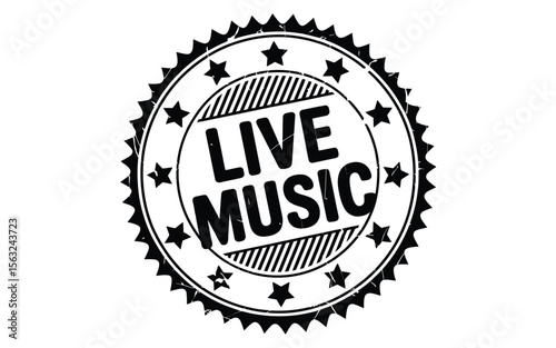 Black and White Live Music Stamp with Stars and Serrated Edge
