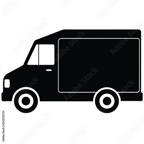 Black silhouette of a delivery van with white windows and wheels truck vehicle