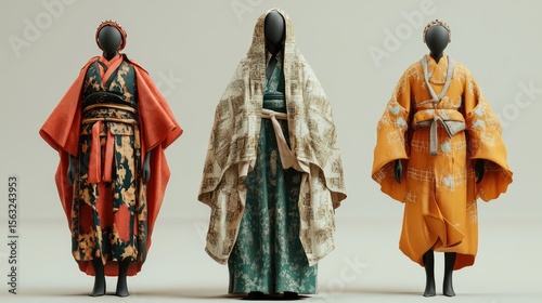 Three mannequins wearing traditional Japanese clothing