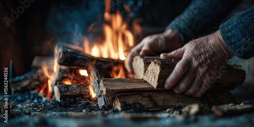 Hands tending a crackling fireplace