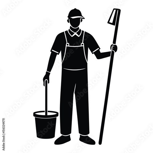 Black silhouette of a janitor holding a mop and bucket cleaner uniform