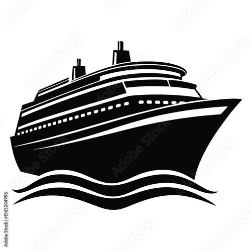Black silhouette of a large cruise ship sailing on wavy water ocean liner vessel