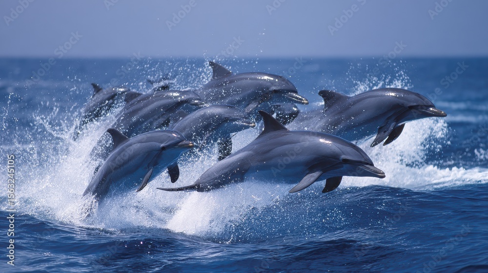 Fototapeta premium A group of dolphins jumping in the ocean